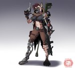 anthro bag bandage black_ears black_nose breasts brown_body clothing cybernetic_arm cybernetic_limb cybernetics ear_piercing female fur gloves grey_background grey_body grey_fur gun hair handgun handwear knife machine machine_gun markings metal piercing ranged_weapon red_eyes red_hair revolver rifle simple_background smile sniper_rifle solo straps striped_body striped_fur striped_markings striped_tail stripes tail tail_markings teeth weapon ottobum cyborg hyena mammal absurd_res hi_res