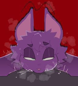 ahegao anthro bodily_fluids deep_throat duo eyebrows fellatio female genital_fluids green_eyes hair head_tuft looking_pleasured male male/female motion_lines musk oral oral_penetration penetration penile pink_nose purple_body sex sweat tuft breadcatta black_coat_(commissarspuddy) lacy_(blazethefox) bat canid canine canis mammal wolf hi_res