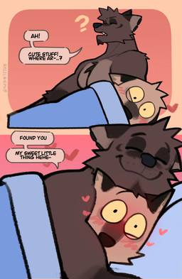 2_panel_comic anthro blush blush_lines brown_body chest_tuft confusion dialogue duo ear_piercing eyes_closed flustered full-face_blush head_on_head heart_symbol hug hugging_another hugging_from_behind love lying male male/male muscular on_side pecs piercing pretending_to_sleep question_mark romantic romantic_couple smile speech_bubble term_of_endearment text tuft under_covers waking_up yellow_sclera rygel_spkb milo_(rygel_spkb) yoby_(rygel_spkb) canid canine canis mammal wolf comic english_text hi_res multiple_scenes