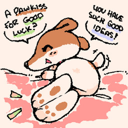 ambiguous_anthro ambiguous_gender anthro black_nose black_text brown_body brown_pawpads butt butt_focus emanata exclamation_point eyes_closed featureless_butt feet hindpaw multicolored_body open_mouth open_smile partial_speech_bubble pawpads paws question_mark short_tail smile snout solo tail talking_to_viewer text two_tone_body white_body ligma_(artist) olive_(olive_the_other_reindeer) canid canine canis domestic_dog mammal 1:1 2026 animated archived_source digital_drawing_(artwork) digital_media_(artwork) english_text handwritten_text female_(lore)