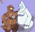 anthro breast_tuft brown_body brown_fur claws duo eye_markings female finger_claws fur hand_on_hip hand_on_leg hand_on_thigh markings mole_(marking) nude purple_background simple_background slightly_chubby smile thick_thighs white_body white_fur darknsfwindie nintendo pokemon beartic generation_2_pokemon generation_5_pokemon pokemon_(species) ursaring 2024 hi_res