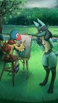ambiguous_gender anthro detailed_background duo eye_contact feathers grass looking_at_another multicolored_body multicolored_feathers nature nature_background outside plant smile standing nintendo pokemon archen fossil_pokemon generation_4_pokemon generation_5_pokemon lucario pokemon_(species) 2025 9:16 digital_media_(artwork) digital_painting_(artwork) hi_res painting_(artwork)