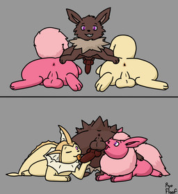 anus backsack ball_lick balls brown_body erection feral genitals grey_background group licking male male/male oral penile penis penis_lick pink_body sex simple_background tail tongue trio yellow_body ryothefloofeon nintendo pokemon eeveelution flareon generation_1_pokemon jolteon pokemon_(species) vaporeon comic hi_res
