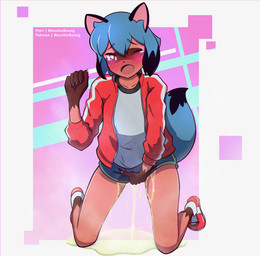 accident anthro blue_hair blush blush_lines bodily_fluids bottomwear claws clothed clothing crying dipstick_tail embarrassed facial_markings female footwear front_view genital_fluids gloves_(marking) gradient_eyes hair hand_on_crotch head_markings holding_crotch jacket kneeling markings mask_(marking) narrowed_eyes omorashi one_eye_closed open_mouth orange_body peeing shirt shoes short_hair shorts simple_background sneakers solo tail tail_markings tears text topwear urine urine_on_ground urine_on_leg urine_pool urine_stream wetting marchinbunny brand_new_animal studio_trigger michiru_kagemori canid canine mammal raccoon_dog tanuki 2021 alternate_version_at_source artist_name digital_drawing_(artwork) digital_media_(artwork)