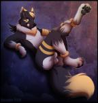 4_toes abstract_background animal_genitalia anthro arms_bent balls bent_leg biped black_border black_nose border chest_tuft digitigrade dipstick_tail extended_leg feet fluffy fluffy_tail fully_sheathed fur genitals hand_on_leg hand_on_own_leg hand_on_own_shin hand_on_shin hindpaw holding_leg holding_shin legs_in_air legs_up licking licking_lips licking_own_lips lips looking_away lying male markings multicolored_tail nude on_back pawpads paws pupils raised_hand self_lick sheath simple_background slit_pupils soles solo tail tail_markings toes tongue tongue_out tuft two_tone_tail rarakie canid canine mammal 2014