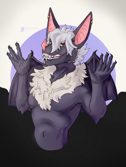 anthro black_body black_fur ear_piercing ear_ring fangs fur hair hands_up looking_at_viewer male male_anthro membrane_(anatomy) membranous_wings open_mouth pecs piercing ring_piercing simple_background smile solo teeth white_body white_fur wings yellow_eyes conditional_dnp teremunart bat mammal absurd_res hi_res
