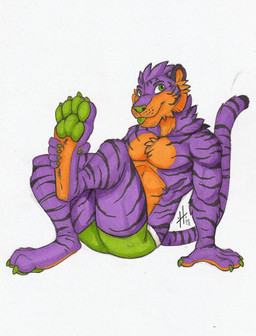 anthro athletic athletic_anthro athletic_male blep bottomwear claws clothed clothing feet foot_focus fur green_bottomwear green_claws green_clothing green_eyes green_nose green_pawpads green_tongue looking_at_viewer male male_anthro markings orange_body orange_fur pawpads pecs purple_body purple_fur simple_background solo striped_arms striped_body striped_fur striped_legs striped_markings striped_tail stripes tail tail_markings tongue tongue_out topless white_background hufnaar felid mammal pantherine tiger hi_res