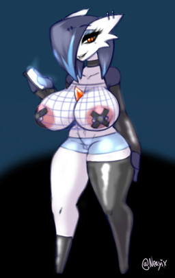 alternative_fashion arm_warmers armwear blue_hair border bottomwear breasts clothing collar color_swatch dark_lipstick elbow_gloves electronics eyeshadow female fishnet_clothing fishnet_legwear fishnet_shirt fishnet_topwear gloves goth hair handwear hotpants jewelry legwear makeup markings metal mole_(marking) nipple_tape orange_eyes pasties phone piercing punk purple_background purple_body shirt short_hair shorts simple_background smile smiling_at_viewer solo stockings tape thigh_highs topwear white_body white_border wide_hips neayix nintendo pokemon beatrix_(nickzilla) gardevoir generation_3_pokemon humanoid pokemon_(species) shiny_pokemon hi_res