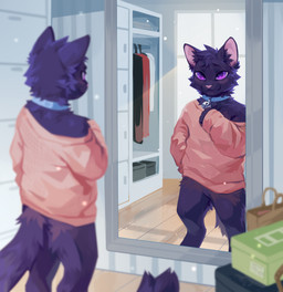 anthro bell bell_collar black_body black_fur blue_collar bottomless cheek_tuft clothed clothing collar facial_tuft featureless_crotch female fur head_tuft inside looking_at_mirror looking_at_object mirror pink_clothing pink_nose pink_topwear purple_eyes purple_sclera solo standing topwear tuft unsigned window corzh77 domestic_cat felid feline felis mammal absurd_res digital_media_(artwork) hi_res
