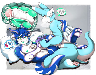 anthro blue_body blue_hair blush bodily_fluids cum cum_in_slit cum_inside duo erection from_front_position genital_fluids genitals hair hand_holding humanoid_genitalia humanoid_penis kneeling lying male male/male missionary_position multi_genitalia multi_penis on_back orgasm orgasm_face pawpads penile penis saliva sex speech_bubble white_body mellonsoda nintendo pokemon fan_character lapis_(mellonsoda) octa_(octa_tentacle) dragonair generation_1_pokemon pokemon_(species) hi_res