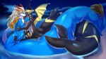 ambiguous_gender anthro beach big_tail black_body black_scales blonde_hair blue_body blue_eyes claws cloud dorsal_fin duo eyes_closed fin grey_body hair hand_on_face happy horn hug huge_tail hugging_another hyper hyper_tail long_tail looking_at_another markings multicolored_body night red_horn sand scales scarf sitting sky split_form spread_wings star starry_sky tail tail_fin thick_tail water white_body wings yellow_claws yellow_markings yellow_wings crane6407 bandai_namco mythology tales_of_(series) tales_of_rebirth shaorune yvelkram_(character) canid canine dragon fish hybrid mammal marine merfolk mythological_creature mythological_scalie scalie shark absurd_res digital_media_(artwork) hi_res male_(lore)