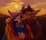 anthro blue_body blue_clothing blue_fur blue_shirt blue_topwear brown_clothing brown_shirt brown_topwear clothing dating duo eyes_closed flag flag_(object) fur holding_flag holding_object inner_ear_fluff kissing lgbt_pride love male male/male one_eye_closed orange_body orange_fur pink_body pink_fur pride_color_flag pride_colors rainbow rainbow_flag rainbow_pride_colors rainbow_pride_flag rainbow_symbol relationship romantic romantic_ambiance romantic_couple shirt six-stripe_rainbow_pride_colors sunset topwear tuft wearing_flag white_body white_fur eracin cobalt_brooker nix_dolores canid canine canis coyote coywolf hybrid jackal mammal wolf absurd_res hi_res