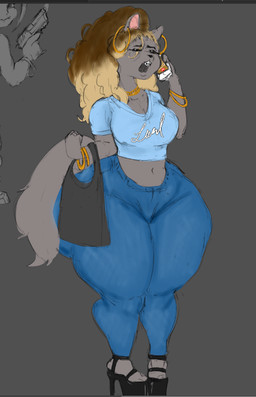 anthro bag big_butt bottomwear bracelet braces buckteeth butt clothing ear_piercing ear_ring electronics female footwear gun hair handgun high_heels jewelry long_hair open_mouth pants phone piercing pistol ranged_weapon ring_piercing shoes solo tail talking_to_another teeth thick_thighs topwear weapon wide_hips mamasoyanini chinchilla chinchillid mammal rodent colored_sketch sketch