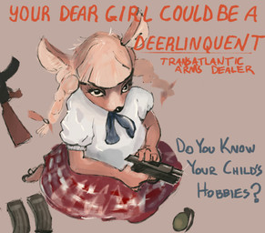 anthro bottomwear clothing explosives female grenade gun pigtails public_service_announcement ranged_weapon school_uniform skirt solo text uniform weapon kallax deer mammal english_text hi_res