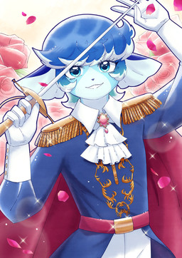 anthro biped black_nose blue_body blue_clothing blue_eyes blue_hair brooch clothed clothing countershade_face countershading crossdressing female flower gloves hair handwear holding_melee_weapon holding_object holding_sword holding_weapon looking_at_viewer melee_weapon plant rose_(flower) smile smiling_at_viewer solo sword weapon white_body white_clothing white_countershading white_gloves white_handwear sunnynoga aquatic canid canine canis domestic_dog fish hybrid mammal 2025 hi_res
