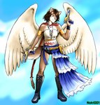 anthro belt blue_background blue_eyes boots brown_body brown_fur brown_hair clothing female footwear fur gun hair holding_object holding_weapon jewelry looking_at_viewer mouth_closed necklace ranged_weapon shoes simple_background smile solo standing tail weapon wings noki001 final_fantasy final_fantasy_x square_enix yuna_(final_fantasy_x) hi_res