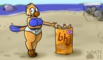 anthro beverage big_breasts blue_body blue_feathers blush bottomwear breasts clothed clothing covering covering_breasts covering_self detailed_background feathers feet female group huge_breasts hyper hyper_breasts nervous nude_beach shaking shy solo_focus sound_effects standing tail tail_feathers talons text toes topless topless_female wide_hips yellow_body yellow_feathers mattthetooncat background_character avian bird 2021 absurd_res english_text hi_res signature