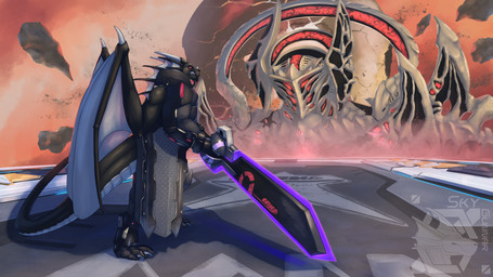 anthro battle_suit black_body boss boss_fight claws dorsal_fin dorsal_frill ear_fins fin frill_(anatomy) glowing greatsword grey_body horn male melee_weapon mmorpg multicolored_body platform red_body red_eyes space spines sword weapon white_body wings skygunner_(artist) mythology phantasy_star phantasy_star_online_2 sega negadrake profound_darkness dragon mythological_creature mythological_scalie scalie 16:9 2025 hi_res widescreen