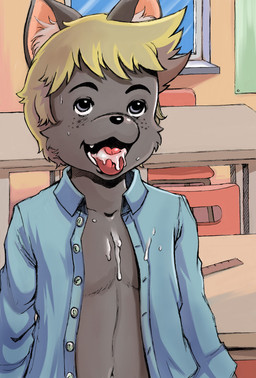 anthro bare_chest black_nose blonde_hair blue_dress_shirt bodily_fluids classroom clothed clothing collarbone cum cum_in_mouth cum_inside cum_on_tongue fur furniture genital_fluids grey_body grey_eyes grey_fur hair inside male messy navel open_clothing open_mouth open_shirt open_smile open_topwear oral red_chair school shirt shota smile solo table tongue tongue_out topwear unbuttoned_shirt ventral_groove window young young_anthro young_male battle_angel domestic_cat felid feline felis mammal
