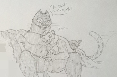 anthro balls breasts butt clothing dialogue duo erection female female/female fur genitals grey_body grey_fur herm herm/female holding_penis intersex intersex/female lady_demeter markings muscular muscular_anthro muscular_female nude open_mouth penis simple_background smile spots tail text tongue underwear dreamworks goat_(movie) sony_corporation sony_pictures the_bad_guys jett_fillmore kitty_kat_(the_bad_guys) felid feline leopard mammal pantherine snow_leopard digital_media_(artwork) monochrome sketch_page