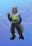 anthro arm_warmers armwear blue_background blue_eyes boots clothed clothing ear_piercing footwear fur grey_body grey_fur grin hoodie male pawpads paws piercing shoes simple_background smile solo topwear alphasabre canid canine canis mammal wolf 2014 full-length_portrait hi_res portrait