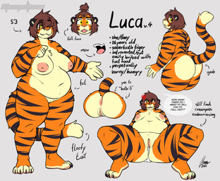 4_toes after_sex anthro big_breasts big_butt bodily_fluids breasts brown_hair butt claws cum cum_in_vagina cum_inside fangs feet female fur genital_fluids genitals hair inverted_nipples navel nipples nude open_mouth orange_body orange_fur overweight overweight_anthro overweight_female sitting solo spread_legs spreading teeth text thick_thighs toe_claws toes tongue unwanted_cum_inside vulva manyakuma luca_(manyakuma) felid mammal pantherine tiger absurd_res english_text hi_res model_sheet