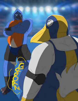 clothing defeated digestion fatal fatal_vore imminent_vore male male/male oral_vore rumbling_stomach shirt tank_top topwear vore wrestling_gear sussynny avery_standish neptune_mereaux avian bird bluebird eastern_bluebird oscine passerine pelecaniform pelican thrush_(bird) absurd_res hi_res
