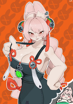 aged_up anthro big_breasts biped blush breasts clothed clothed_anthro clothed_female clothing female front_view fur hair inner_ear_fluff looking_at_viewer pink_body pink_fur pink_hair red_eyes simple_background solo standing tuft buta99 mihoyo zenless_zone_zero zhao_(zenless_zone_zero) lagomorph leporid mammal rabbit 2025 absurd_res digital_drawing_(artwork) digital_media_(artwork) hi_res