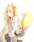 absolute_territory accessory black_clothing black_legwear blonde_hair blush bottomwear clothing dressing female fox_tail hair hair_accessory hair_ribbon legwear long_hair open_mouth ponytail red_eyes ribbons shadow side_ponytail simple_background skirt solo thigh_highs white_background peragura animal_humanoid canid canid_humanoid canine canine_humanoid fox fox_humanoid humanoid mammal mammal_humanoid 4:5