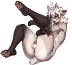 anthro anus arm_tuft balls black_body black_fur butt chastity_cage chastity_device claws collar curved_horn elbow_tuft feet femboy fur genitals gold_(metal) gold_chastity_cage gold_chastity_device grey_body grey_fur hair half-closed_eyes hindpaw horn looking_at_viewer male mostly_nude narrowed_eyes neck_tuft pawpads paws perineum piercing pink_pawpads raised_foot short_tail simple_background solo tail tongue tongue_out tongue_piercing tuft white_hair romarom murmur_(ephemeraltwink) bovid caprine demon goat mammal absurd_res hi_res nonbinary_(lore)