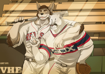 5_fingers anthro ball baseball_(ball) baseball_bat baseball_glove baseball_uniform bat_(object) claws clothed clothed_anthro clothed_male clothing detailed_background fingers humanoid_hands male sportswear uniform vhb3art boston_red_sox chicago_white_sox echo_(series) echo_project mlb the_smoke_room samuel_ayers william_adler canid canine canis cougar coyote felid feline mammal 2024 hi_res