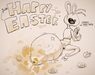 2_toes ambiguous_gender animal_genitalia antennae_(anatomy) anthro arthropod_abdomen arthropod_abdomen_cloaca arthropod_abdomen_genitalia bodypaint brush cloaca compound_eyes dialogue egg egg_painting fake_ears fake_rabbit_ears fart fart_cloud fart_fetish feet genitals holding_egg holding_object holidays looking_back multi_eye orange_fart_cloud paintbrush painted_eggs sitting solo speech_bubble text toes jubb easter arthropod 2024 artist_name english_text