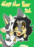 animal_print anthro black_hair clothing cow_print crossgender female fur grey_body grey_fur hair holidays hoodie pawpads pink_pawpads solo tan_body tan_fur topwear yellow_eyes young young_anthro zooshi new_year zoosie canid canine canis mammal wolf absurd_res hi_res