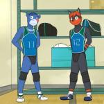 1:1 anthro anthrofied bag box bulge closet clothed clothing container cress_(fuze) duo fuze generation_7_pokemon gym hair hi_res jockstrap litten male nintendo pokemon pokemon_(species) pokemorph popplio pose ray_(fuze) shirt sport standing tank_top topwear underwear uniform volleyball