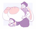 anthro areola big_breasts biped boob_hat bottomwear breasts clothed clothing duo female huge_breasts hyper hyper_breasts nipples pupils raised_clothing raised_shirt raised_topwear shirt smile thick_thighs topwear dedoarts bunny_(dedoarts) lagomorph leporid mammal rabbit hi_res