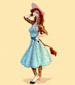 anthro braided_hair breasts brown_body brown_fur brown_hair clothing cloven_hooves dress female fur green_eyes hair hand_behind_head hand_on_hip hat headgear headwear hooves inner_ear_fluff looking_at_viewer markings pose retro side_boob side_view smile solo spots spotted_markings spotted_tail standing sun_hat sunburst_(design) sundress tail tail_markings tail_tuft tan_body tan_fur tuft vintage thelupinprincess gracey_halvenka giraffe giraffid mammal 2025 hi_res