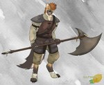 anthro armor axe belt bottomwear breastplate claws clothing fluffy fluffy_tail greying_hair hair leather light_armor male medieval medieval_clothing melee_weapon mohawk orange_hair pants pawpads paws scar shirt smile solo tail teeth topwear warrior weapon wraps yellow_eyes sourmagic hyena mammal hi_res