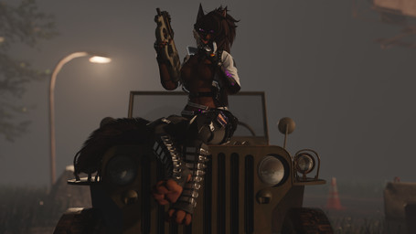 anthro arm_guards boots breasts brown_body brown_fur clothed clothing electronics female fluffy fluffy_tail footwear fur gloves glowing glowing_eyes glowing_tattoo gun hair handwear jacket leggings legwear licking_gun licking_weapon long_hair long_tail looking_at_viewer m9 nipples p90 pawpads paws phone pink_eyes ranged_weapon shoes sitting sitting_on_car solo straps streetwear submachine_gun tail tattoo techwear toeless_boots toeless_footwear topless topless_anthro topwear traffic_cone weapon womb_tattoo retro_raptor foxipaws_(modeler) jeep kuvora canid canine canis dobermann domestic_dog mammal pinscher 3d_(artwork) blender_(artwork) blender_cycles_(artwork) digital_media_(artwork) hi_res