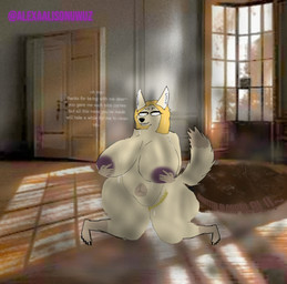 after_vore anthro bone bones_in_feces breasts feces female hand_on_breast kneeling nipples solo tail text vore alexaalisonuwuz(artist) rebecca_fennec canid canine fennec_fox fox mammal true_fox english_text hi_res