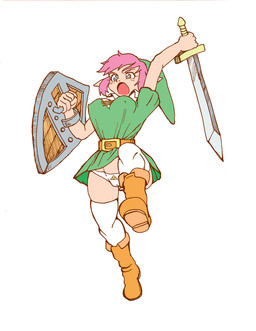 5_fingers belt biped blue_eyes boots camel_toe clothing crossgender eyelashes female fingers footwear green_clothing hair holding_object holding_weapon humanoid_pointy_ears legwear melee_weapon nipple_outline not_furry panties pink_hair pointy_ears shield shoes simple_background socks solo sword underwear weapon white_background white_clothing white_panties white_underwear samanator_club nintendo shonen_captain the_legend_of_zelda link humanoid hylian absurd_res hi_res