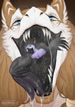 anthro anthro_pred black_body black_feathers black_tongue blue_eyes bodily_fluids brown_background brown_body brown_fur cheek_tuft drooling duo facial_tuft feathers forked_tongue front_view fur in_mouth looking_at_viewer male male_pred male_prey mouth_shot narrowed_eyes open_mouth oral_vore purple_body purple_eyes purple_feathers purple_tongue saliva saliva_on_tongue saliva_string sharp_teeth simple_background teeth tongue tuft vore white_body white_fur santanahoffman european_mythology greek_mythology mythology luthais noia_(captainflavio) avian mythological_avian mythological_bird mythological_creature mythological_firebird phoenix sergal