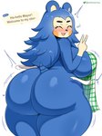 anthro apron apron_only big_breasts big_butt blue_body blue_hair blush breasts butt clothing exclamation_point eyes_closed female gesture gloves_(marking) greeting hair hand_gesture heart_symbol huge_breasts huge_butt huge_hips huge_thighs markings mostly_nude open_mouth side_boob solo text thick_thighs v_sign wide_hips startop animal_crossing nintendo mabel_able eulipotyphlan hedgehog mammal 3:4 english_text hi_res