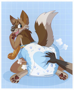 4_fingers 4_toes ambiguous_gender anthro big_diaper black_pawpads blue_background blush blush_lines border brown_body brown_ear_tips brown_fur brown_inner_ear clean_diaper clothed clothing cloud_emanata cybernetic_arm cybernetic_limb diaper diaper_only diaper_puff dipstick_ears dipstick_tail duo ear_markings emanata fangs feet fingers fur grabbing_diaper groping_diaper hand_on_diaper heart_clothing heart_diaper heart_symbol heart_underwear huge_diaper kneeling looking_back markings mostly_offscreen_character multicolored_body multicolored_ears multicolored_fur pawpads simple_background surprised tail tail_markings tan_body tan_fur tan_tail_tip teeth toes topless touching_diaper underwear wearing_diaper whisker_spots white_border jupiters guardians_of_the_galaxy marvel asher_bowman rocket_raccoon canid canine canis coyote mammal procyonid raccoon hi_res
