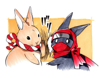 ambiguous_gender clothed clothing duo simple_background smack text ichthy0stega lagomorph leporid mammal rabbit 2015 japanese_text