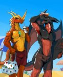 anthro bag beach blush bottomwear bulge clothed clothing drinking duo male seaside shorts smile surfboard tail tongue topless topless_male vehicle watercraft sellon bakugan bakugan_(series) bakugan_battle_brawlers mythology sega sega_fave drago_(bakugan) helios_(bakugan) dragon mythological_creature mythological_scalie scalie hi_res