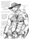 abs anthro barazoku biceps bodily_fluids bottomwear clothed clothing cum flaccid genital_fluids genitals hairy hat headgear headwear looking_at_viewer male muscular muscular_anthro muscular_male nipples open_bottomwear open_clothing open_pants pants pecs penis redneck solo tattoo text topless borni dagger_doo canid canine canis domestic_dog great_dane mammal mastiff molosser english_text greyscale monochrome