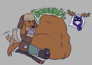 belly big_belly brown_body brown_fur clothed clothing female female_pred fully_clothed fur gun gunhound_(pwned_by_14:00) male male_prey pwned_by_14:00 ranged_weapon tail tail_motion tailwag the_collector_(pwned_by_14:00) vore weapon wowiestuff roblox canid canine mammal