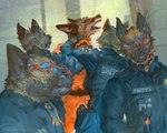 abstract_background alternate_species anthro arrested clothed clothing disorientation fully_clothed fur furrification group gun handgun looking_at_viewer looking_back male male_anthro neck_grab open_mouth orange_jumpsuit police police_uniform prison_uniform prisoner psychedelic ranged_weapon restrained standing uniform weapon jonathanvair luigi_mangione canid canine canis coyote domestic_dog german_shepherd herding_dog mammal pastoral_dog digital_media_(artwork) digital_painting_(artwork)