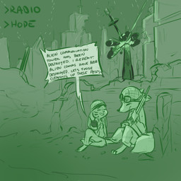 ambiguous_gender anthro armor barefoot clothed clothing duo explosion eyewear eyewear_on_head facial_markings feet fur fur_markings goggles goggles_on_head gun head_markings headgear helmet holding_gun holding_object holding_ranged_weapon holding_weapon markings military outside ranged_weapon rifle ruins sitting soldier text war warrior weapon ittybittykittytittys disney zootopia jack_savage skye_(zootopia) canid canine fox hare lagomorph leporid mammal 1:1 2018 english_text green_theme monochrome