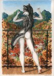 autumn butt butt_pose casual_nudity female mountain nude outside plant pose renaissance_architecture smile solo standing town tree syntech canid canine canis mammal wolf hi_res traditional_media_(artwork)